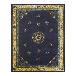 1930s Navy Blue 4 Pointed Star Medallion Antique Chinese Peking Room Size Rug For Sale