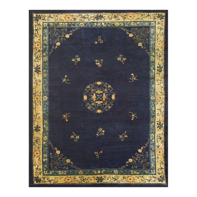 1930s Navy Blue 4 Pointed Star Medallion Antique Chinese Peking Room Size Rug For Sale