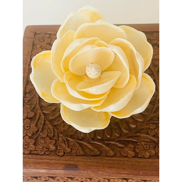 Shabby Chic 1940s Intricately Carved Tropical Wood Box With Sea Shells Flower For Sale - Image 3 of 5
