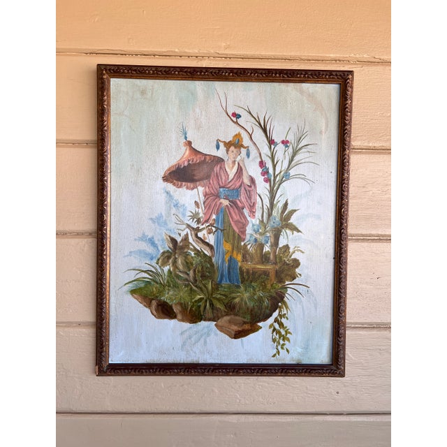 Beautiful oil on wood Chinoiserie Chic Style Painting of a women on the floating garden. the painting displayed in...