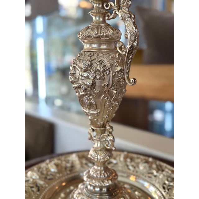 Baroque Monumental Silvered Metal Figural Ewer & Underplate With Classical Relief Decoration For Sale - Image 3 of 11