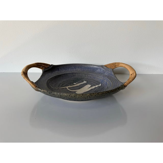 1980’s Jensen Art Studio Stoneware Wall Plate / Bowl With Woven Wicker Handles For Sale - Image 12 of 12