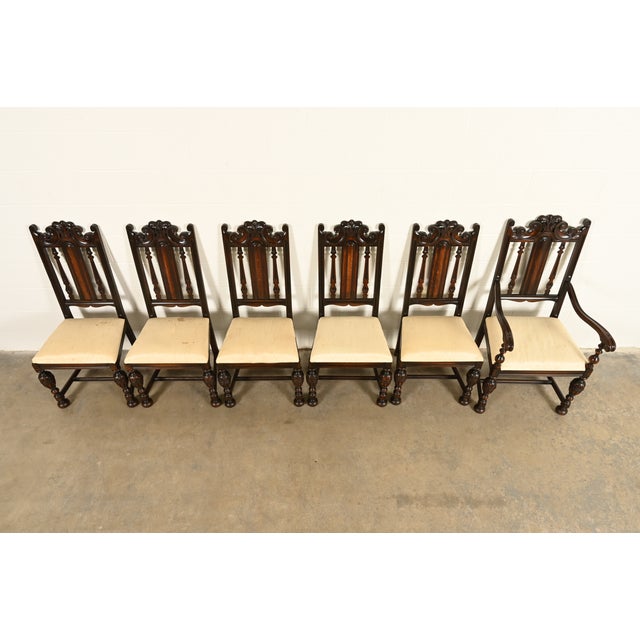 1920s Berkey & Gay Antique English Jacobean Carved Walnut Dining Chairs, Set of Six For Sale - Image 5 of 14