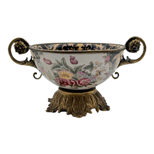 Chinese Export Crackle Glaze Center Piece Ormolu Style Handled