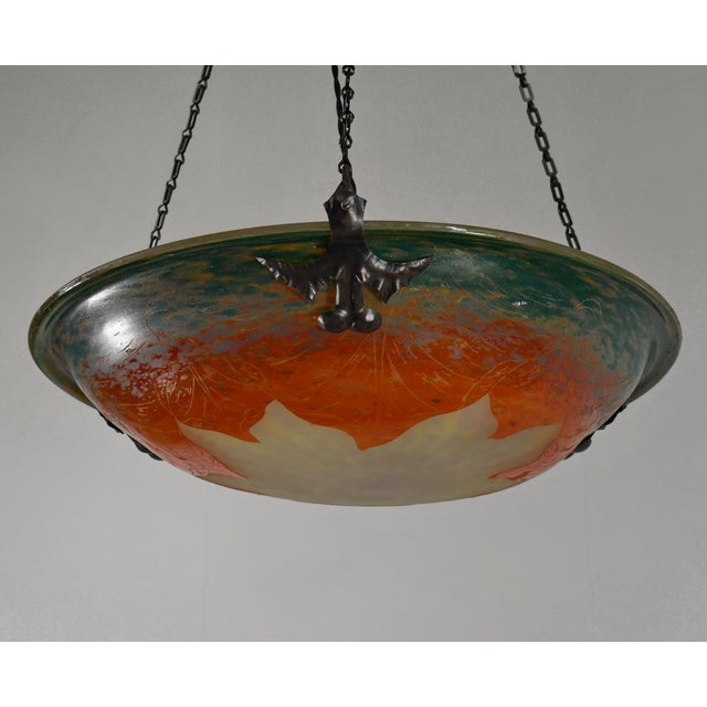 Metal Large French Art Deco Pendant Light by Le Verre Francais Schneider - 1925 Cameo Chandelier France For Sale - Image 7 of 17