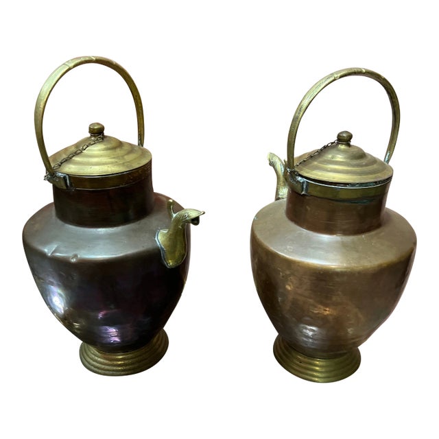 Pair of Antique Brass and Copper Jugs For Sale