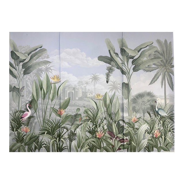 36" * H96" * 3ps, Hand-Painted Sage Green Tropical Rainforest Wallpaper, Custom Vintage Jungle Wall Mural For Sale
