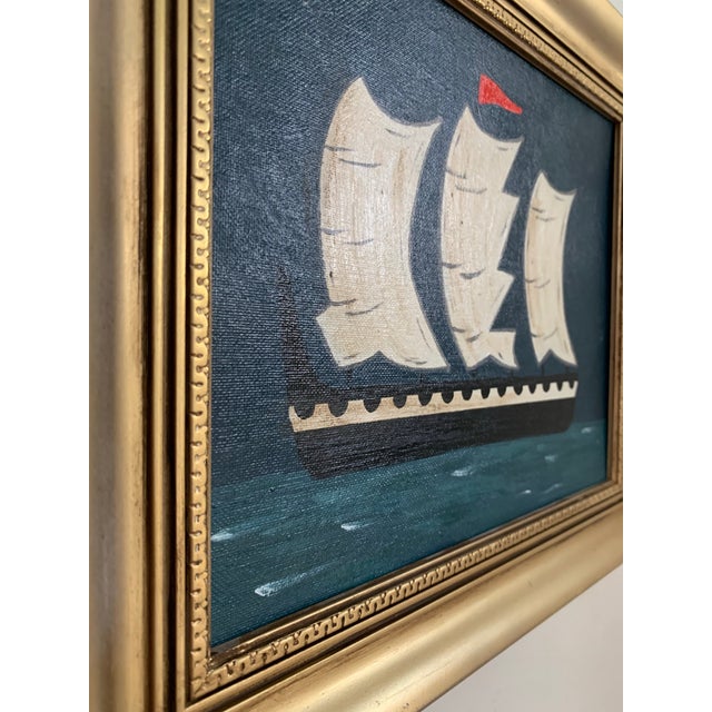 This seascape features a deep navy sky above a blue-green foreground, with a black vessel and off-white sails creating a...