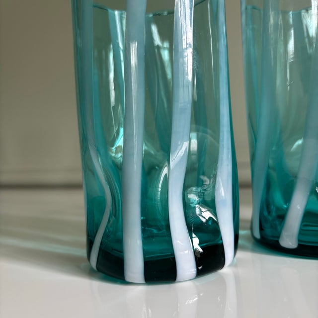 Tiffany Blue Riviera Blue Striped Italian Murano Glass Tumbler Glasses With Scalloped Rim Set of 6 For Sale - Image 8 of 10
