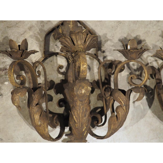 Set of Four Vintage French 3-Arm Iron and Tole Sconces, Distressed Gilt Finish For Sale - Image 14 of 18