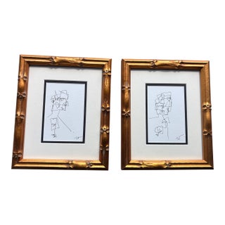 2025 Wellon Bridgers Abstract Ink Drawings, a Pair in Gold Bamboo For Sale