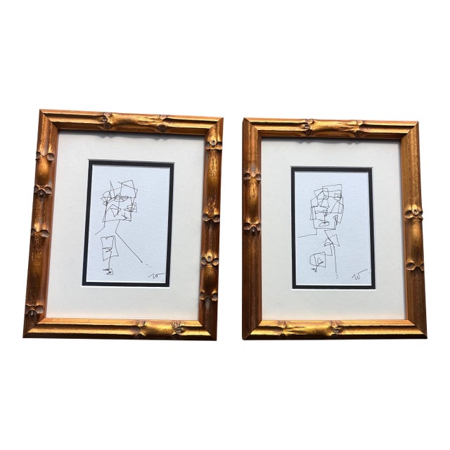 2025 Wellon Bridgers Abstract Ink Drawings, a Pair in Gold Bamboo For Sale
