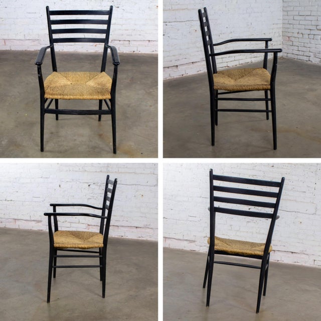 Mid-20th Century Italian MCM Ladderback Armchair Black Frame With Rush Seat Manner of Gio Ponti For Sale - Image 9 of 18