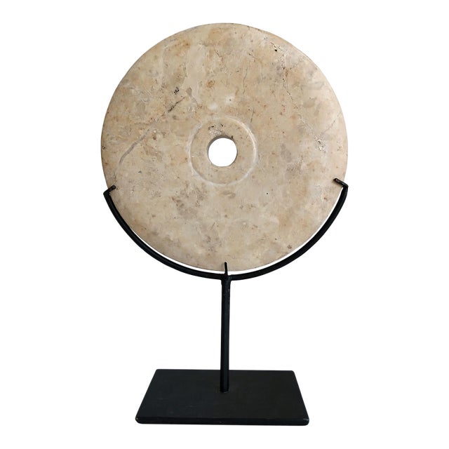 Hand-Carved Indonesian Marble Disk on Stand For Sale