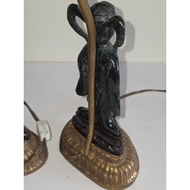 Pair of Carved Jade Figural Lamps For Sale - Image 11 of 12