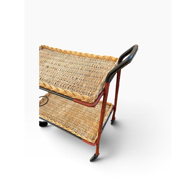 Stitched Leather and Rattan Bar Cart by Jacques Adnet, 1950s For Sale - Image 11 of 14