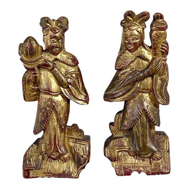 19th C. Chinoiserie Carved Wood Gilt Figures Wall Hanging S/2 For Sale