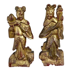 19th C. Chinoiserie Carved Wood Gilt Figures Wall Hanging S/2