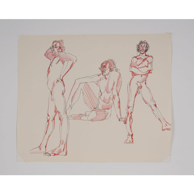 Paper Three Poses - Original Male Nude Figurative Drawing on Paper For Sale - Image 7 of 8