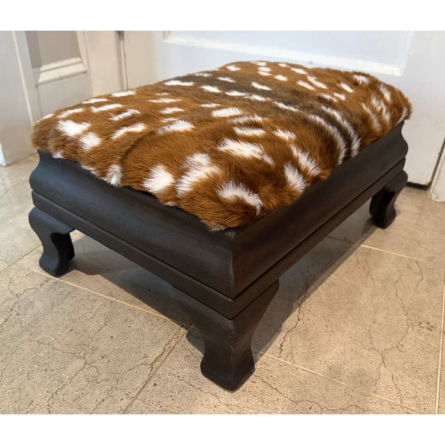 Contemporary Mid 19th Century Faux Deer Hide Antique Footstool | Lodge Look | Cabin Decor Faux Fur Foot Rest | Farmhouse Stool Wood Legs For Sale - Image 3 of 11