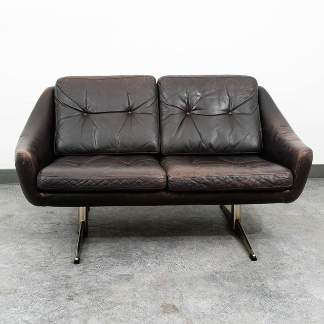 Mid-Century Modern Mid Century Danish Modern Sofa Couch Brown Leather 2 Seat Settee Metal Denmark For Sale - Image 3 of 10