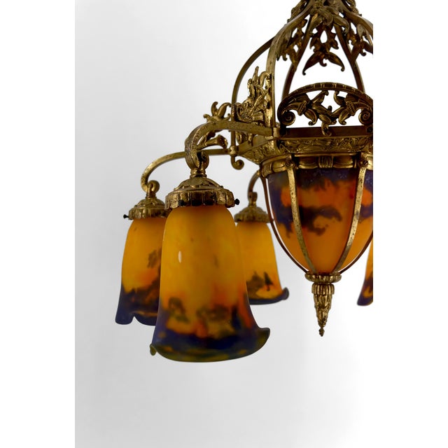 Brown Art Deco Gilded Bronze and Blown Glass Chandelier from Muller Frères Lunéville, France, 1920s For Sale - Image 8 of 17