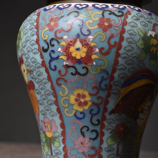 Baby Blue Pair of Vintage Chinese Cloisonné "Rooster & Flowers" Ginger Jars For Sale - Image 8 of 8