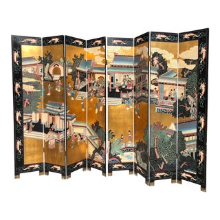 1960s Chinoiserie Coromandel 8 Panel Hand Painted Folding Screen For Sale