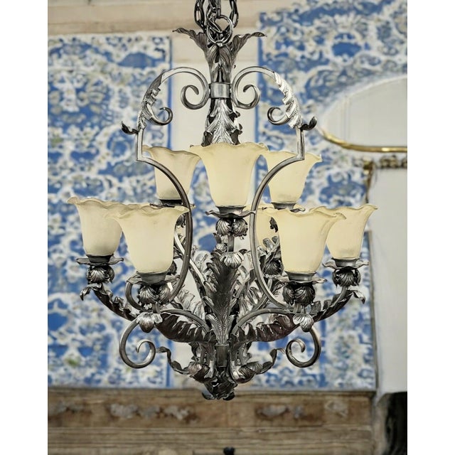 Mid 20th Century French Art Deco 9-Light Hand-Forged Wrought Iron Acanthus Chandelier For Sale - Image 10 of 18