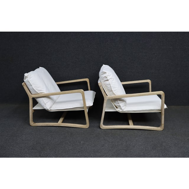 Pair of Washed Oak Sling Lounge Chairs With White Linen Cushions For Sale - Image 9 of 10
