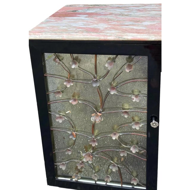 Hollywood Regency Hollywood Regency Lacquered & Mirrored Credenza / Vanity / Desk /Sideboard W/ Pink Marble & Tole Doo For Sale - Image 3 of 5