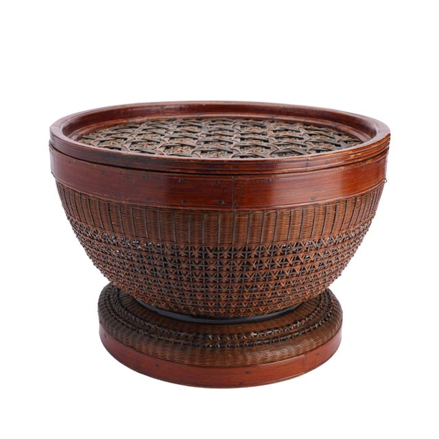 Painstaking hand woven, dyed, and detailed Chinese bamboo betrothal basket with cover. The basket shape is round bowl form...