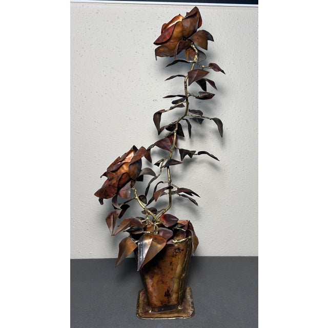 Brutalist Vintage 1960’s American Brutalist Welded Copper/Brass Roses in Flower Pot Sculpture For Sale - Image 3 of 7