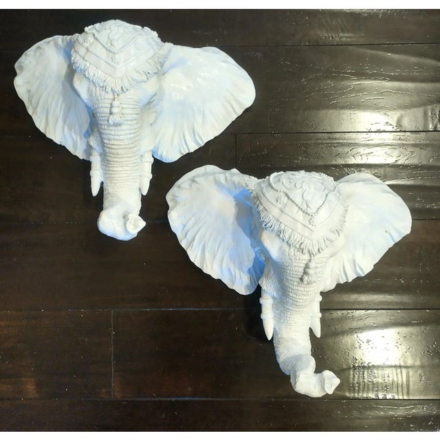 Vintage White Gloss Large Elephant Resin Wall Busts Decor a Pair