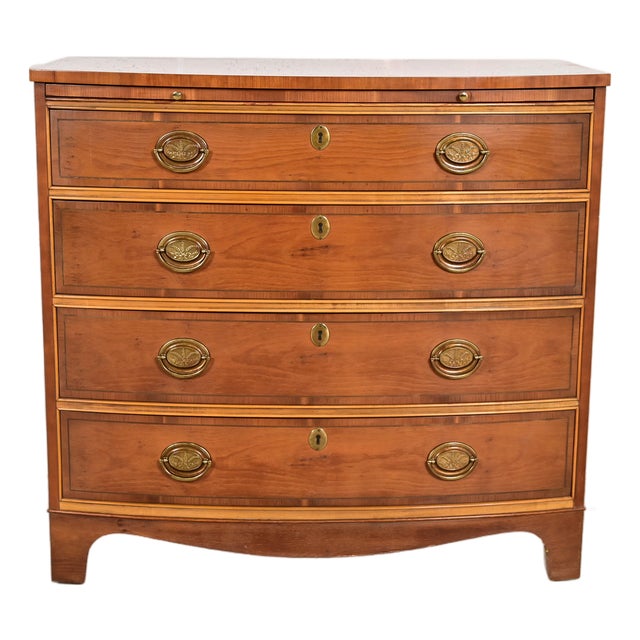 Baker Furniture Georgian English Yew Wood Bow Front Dresser or Chest of Drawers For Sale