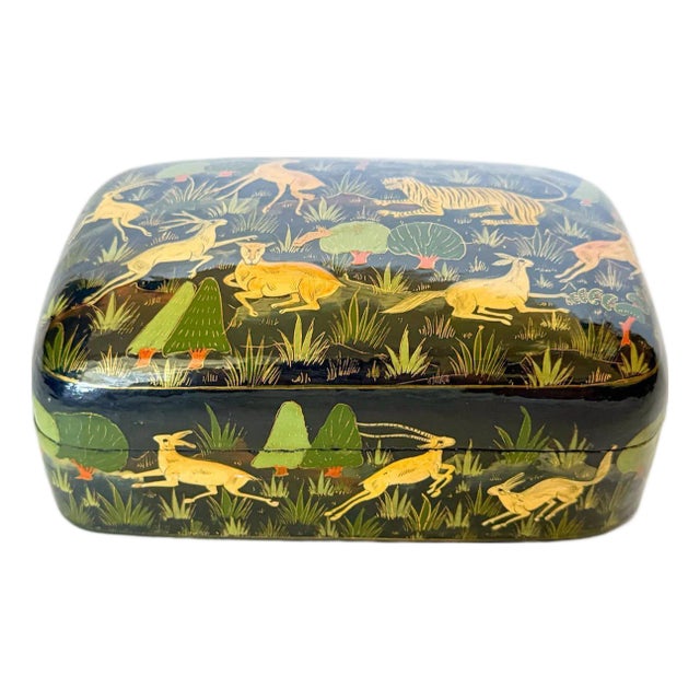 Vintage Kashmir Indian Lacquered Domed Box With Flora and Fauna For Sale