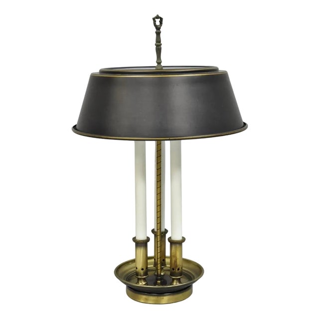 Vintage French Country Brass Candlestick Tole Metal Shade Bouilotte Desk Lamp For Sale