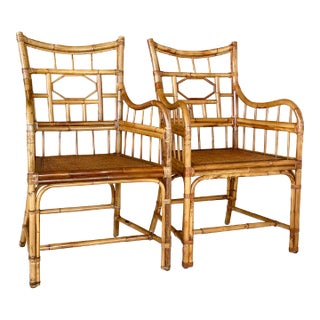 Late 20th Century Pair Rattan Cane Side Arm Chairs by Baker For Sale
