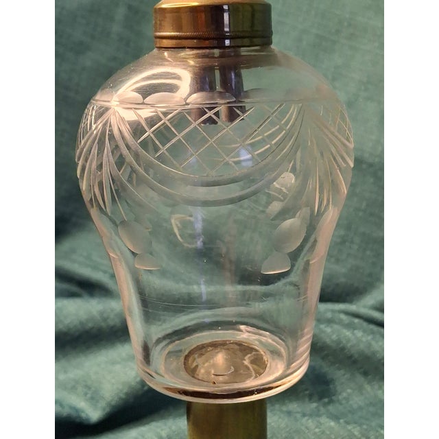 Rare 1840s Whale Oil Lamp Etched Glass Font Original Double Burner Iron Base For Sale - Image 9 of 18