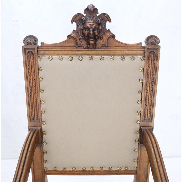 Pair Antique Heavily Carved Walnut Cherub North Wind Faces Arm Chairs New Uphols For Sale - Image 13 of 18