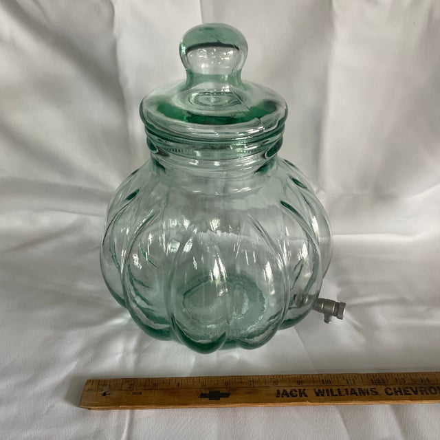 Vintage Pumpkin Aqua Glass Beverage Dispenser Jar with Lid & Brass Spigot. Holds 2 gallons. Made in Italy