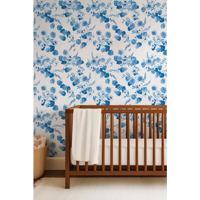 Chirp Society Floral Grasscloth Wallpaper by House Party | French Blue | 6 Yards For Sale - Image 4 of 9