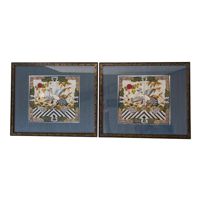 Chinese Qing Dynsty Embroidered Civil Rank Silver Pheasant Badge Robe Set Framed For Sale