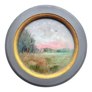 Original Oil Painting Framed, Pink Sunrise Landscape Miniature Art by Valeriya Serova For Sale
