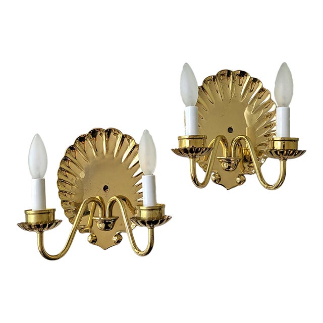Mid Century Hollywood Regency Style Brass Shell Two Light Electric Wall Sconce - A Pair For Sale