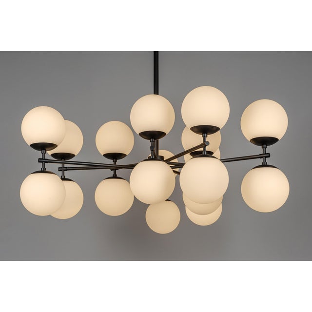 White Zodiac 18-Light Contemporary Mirrored Glass Globe Chandelier - Brass, Gunmetal, Nickel, Opal Mat, Marbled, Ribbon Glass - Made to Order by Schwung For Sale - Image 8 of 12