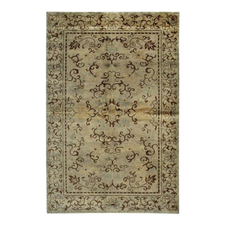6x9 Green Hand-Knotted Wool Detailed Floral Scrollwork Geometric Carpet Rug For Sale