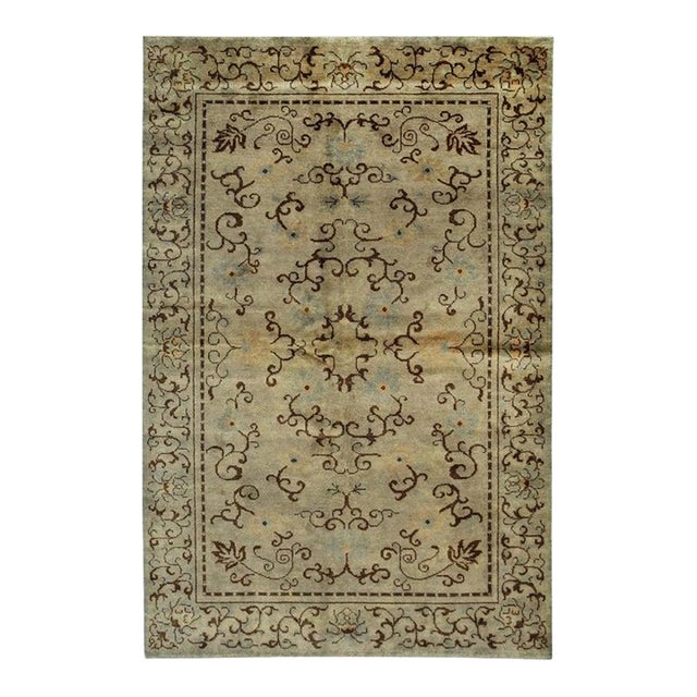 6x9 Green Hand-Knotted Wool Detailed Floral Scrollwork Geometric Carpet Rug For Sale