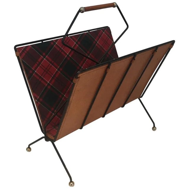 Black Lacquered Metal, Leather and Plaid Fabric Magazine Rack For Sale - Image 13 of 13