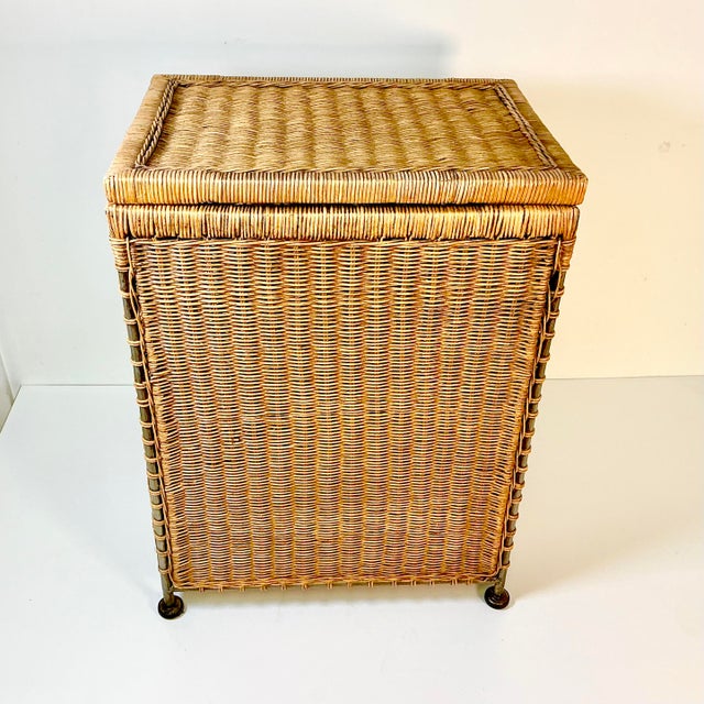 Boho Chic Vintage Boho Chic Coastal Wicker and Steel Hamper.. For Sale - Image 3 of 16